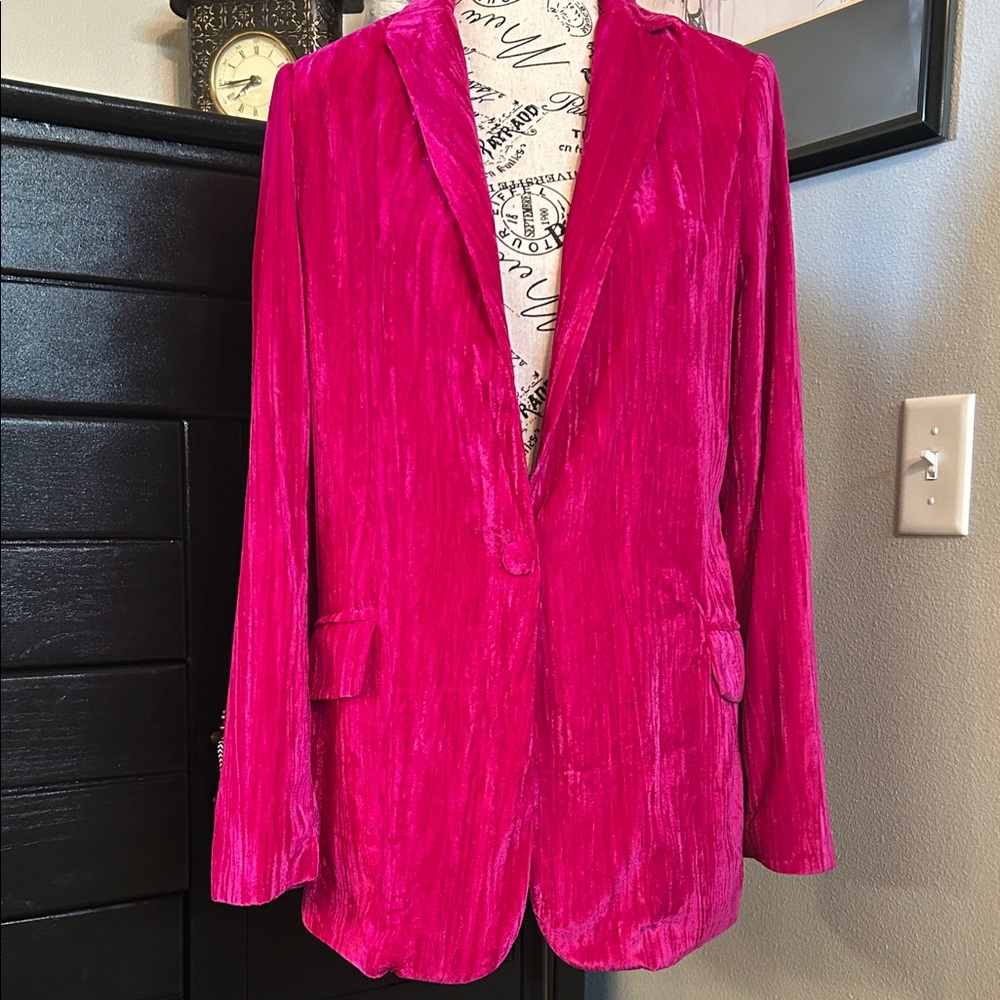 Bold Fuchsia Long Velvet Blazer